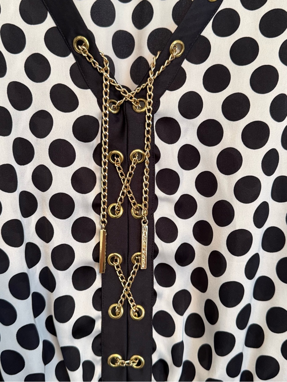 Michael Kors Black & White Polka Dot V-Neck Tunic with Gold Accents Size Large - Picture 5 of 9